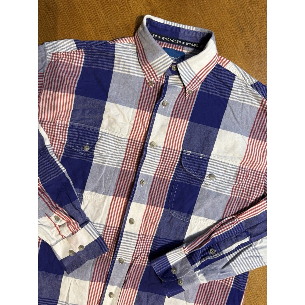 Wrangler Shirt Mens M Patchwork Plaid Red White Blue‎ Button Down Cotton